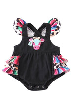 Load image into Gallery viewer, Cow Ruffle Bubble Romper
