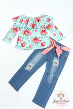 Load image into Gallery viewer, Floral Top With Denim Jean Set
